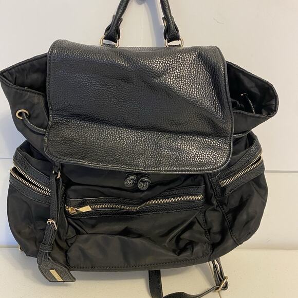 Neiman Marcus Designer Backpack Black PVC Nylon Travel Day Bag Silvertone Logo - Picture 10 of 11